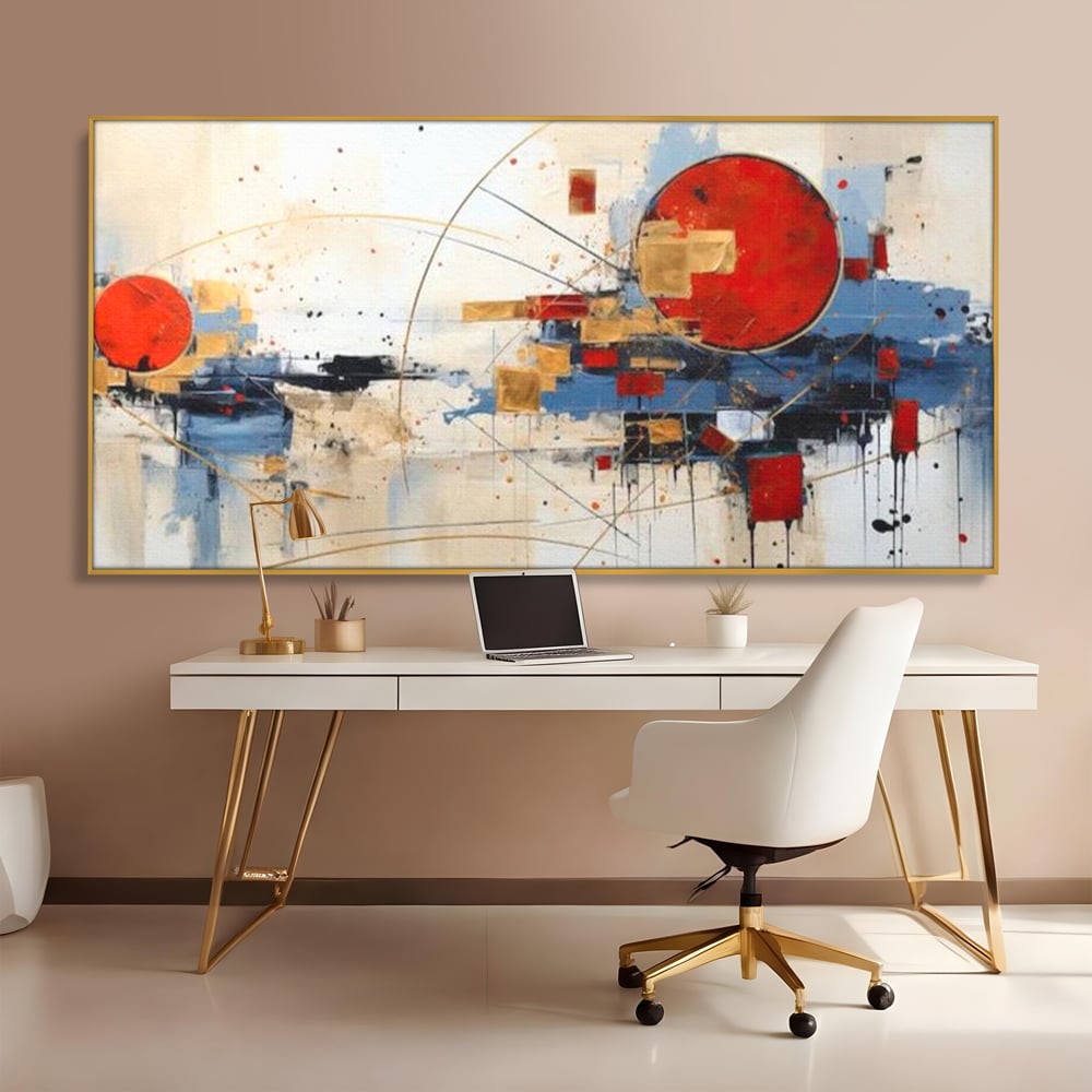 Tablou canvas cu tablou abstract cu cerc rosu si linii, in rama de aluminiu auriu, pe perete intr-un birou